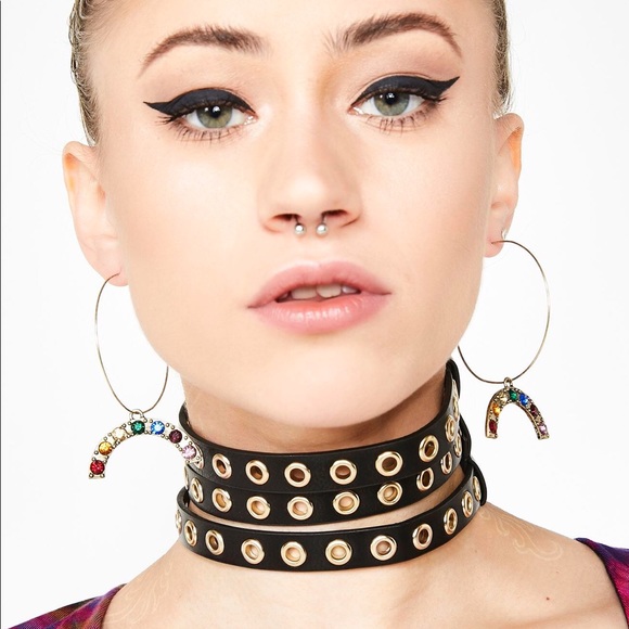 Dolls Kill Rainbow Rhinestone Dangle Hoop Earrings - Picture 3 of 3